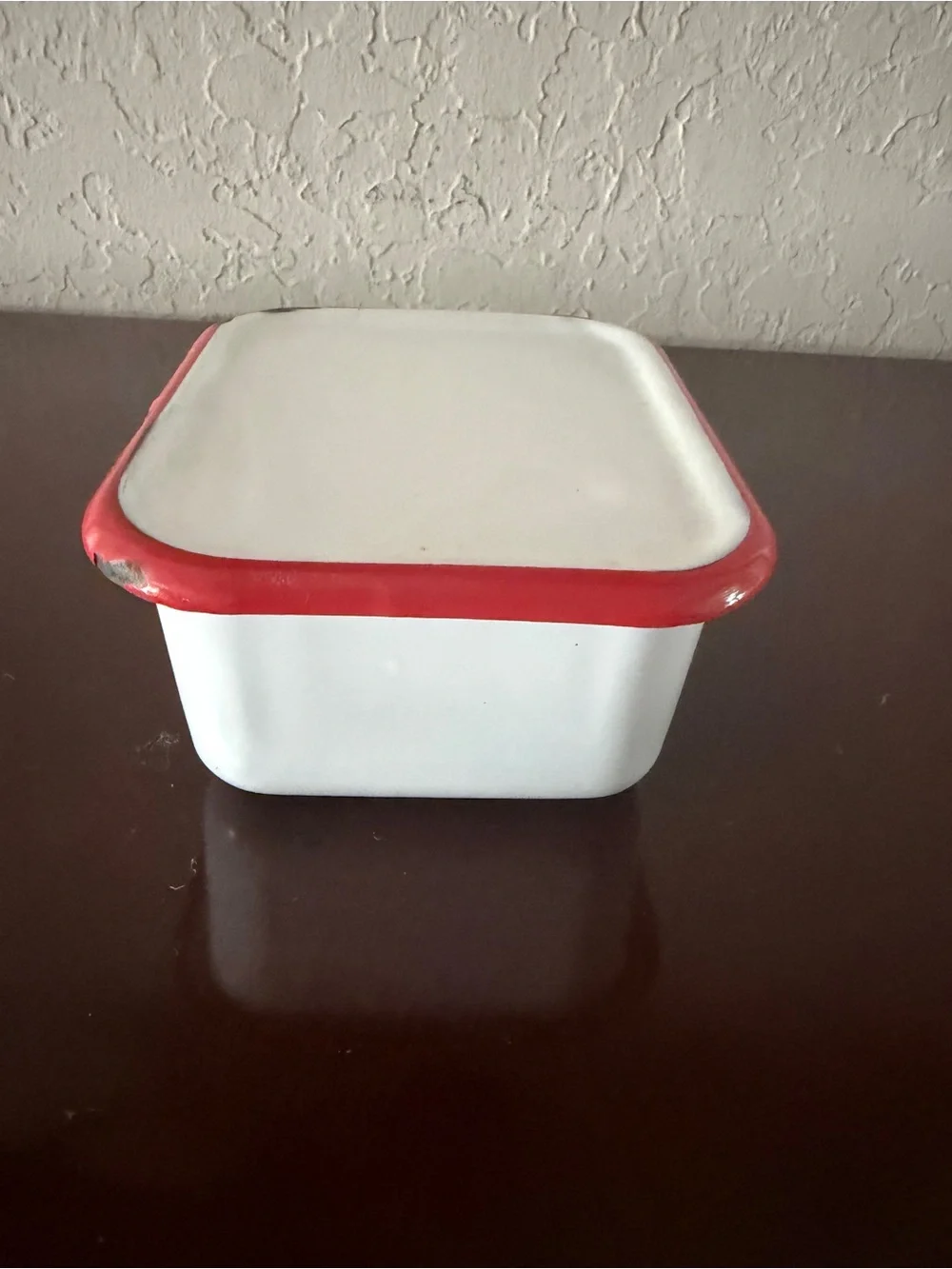Vintage 1930s 40s Enamelware Refrigerator Box Lid White Red Trim 5”